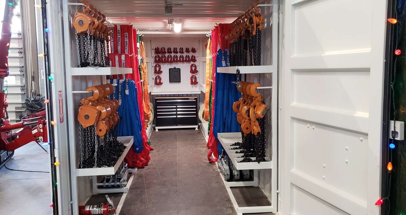 Rigging compoenents arranged neatly in a Sea-Can